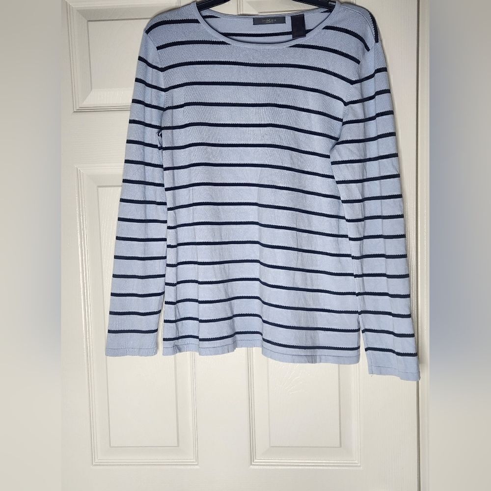 Liz Claiborne L Striped ColumbiaBlue Black SILK Blend Lngslv Women’s Top Sweater